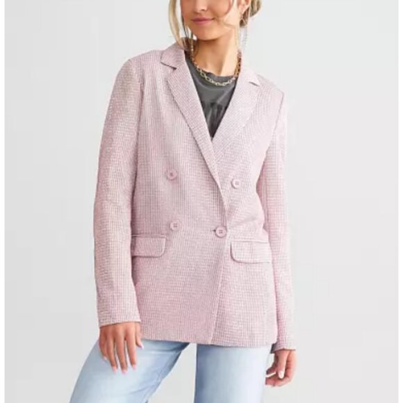 Know One Cares Women's Pink Metallic Thread Double Breasted Blazer Size L - Picture 3 of 8